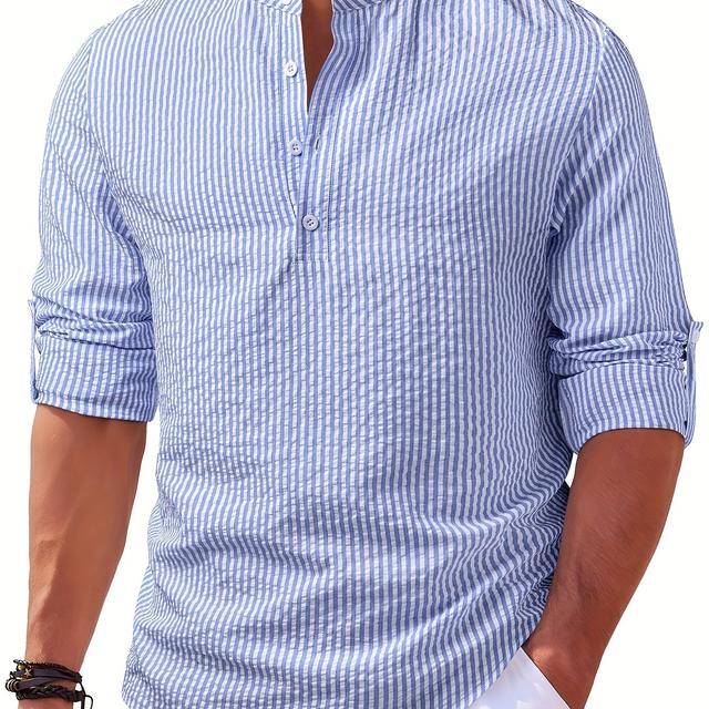 TEMU Men's Textured Random Print Blue And White Striped Open Front Single-breasted Small Lapel Long Sleeve Casual Henry Shirt