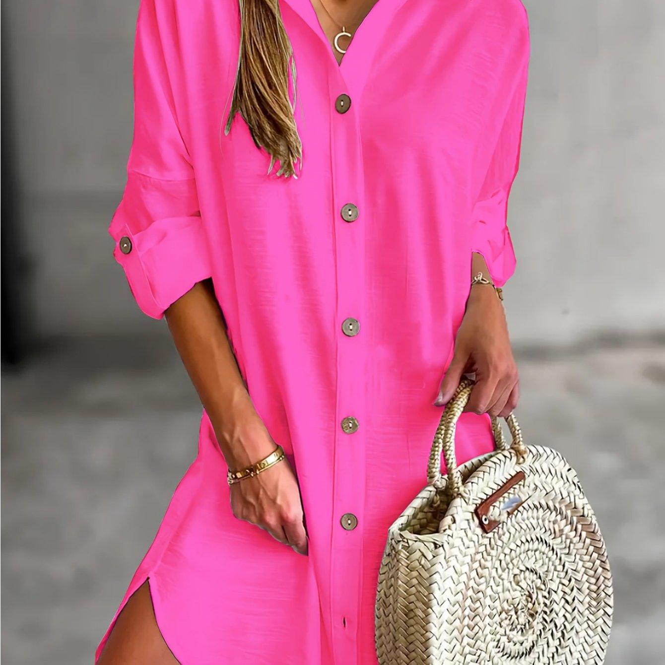 TEMU Women's Casual Long Sleeve Button-front Shirt Dress - Solid Color Lapel Collar Loose Fit Machine Washable Versatile Wear, , Decorative Buttons, Texture