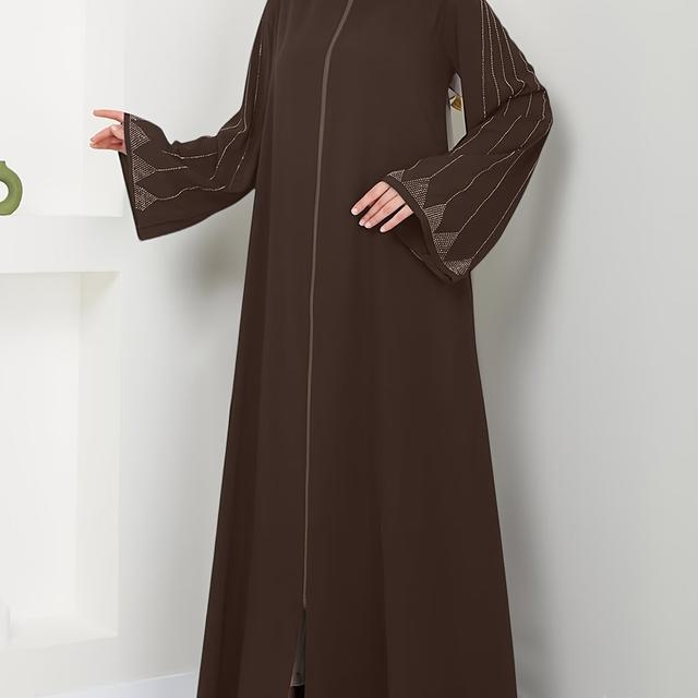 TEMU Directional Fashion Women's Long-sleeve Loose Brown Elegant Dress With Rhinestones
