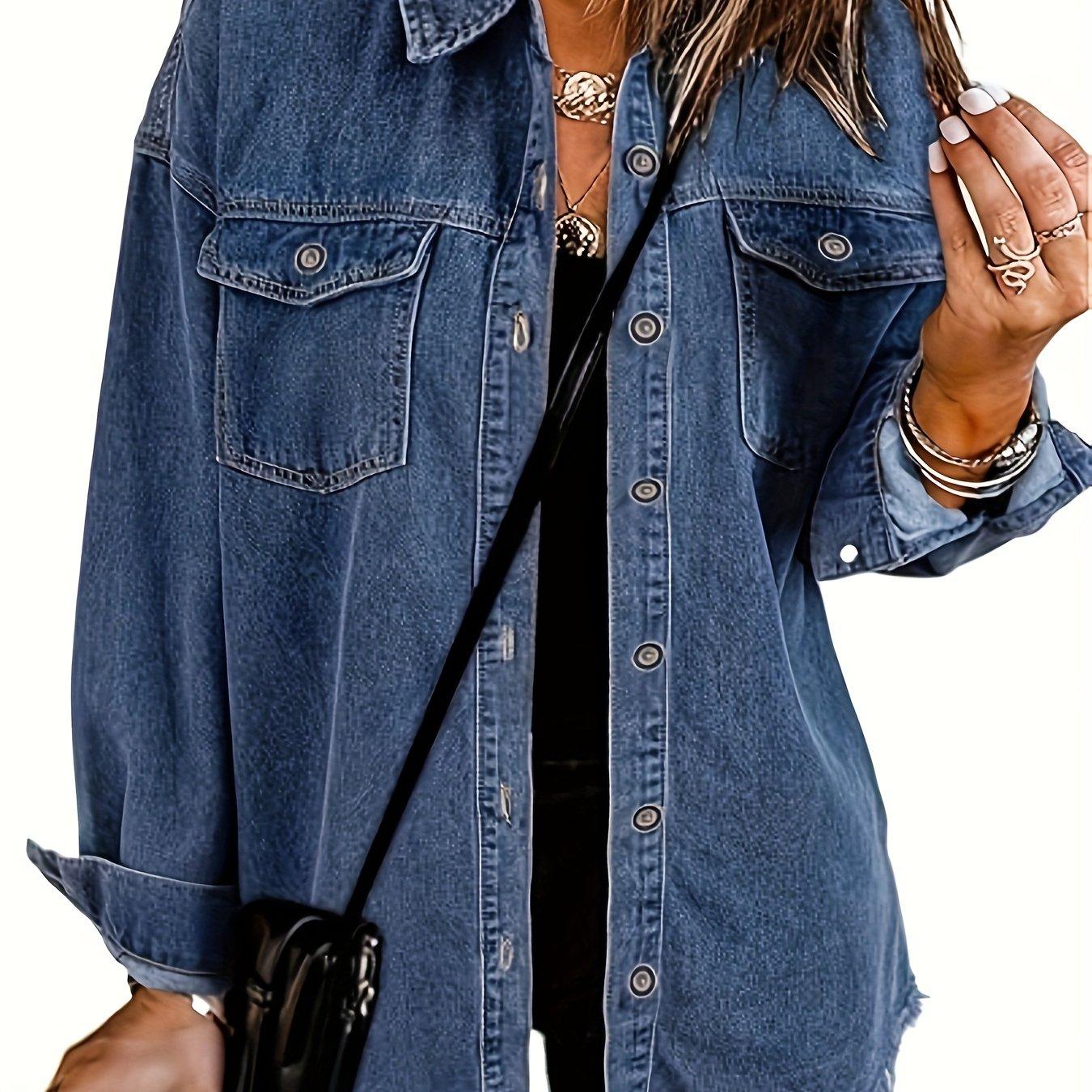 TEMU Dames Oversized Denim Jas, Casual Denim Shirt met Lange Mouwen, Denim Jas in Vintage-Stijl voor Lente 2025