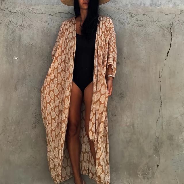 TEMU Damernas Bohemisk Etnisk Stil Kimono Strandöverdrag, Bikini Strandsemester Sjal
