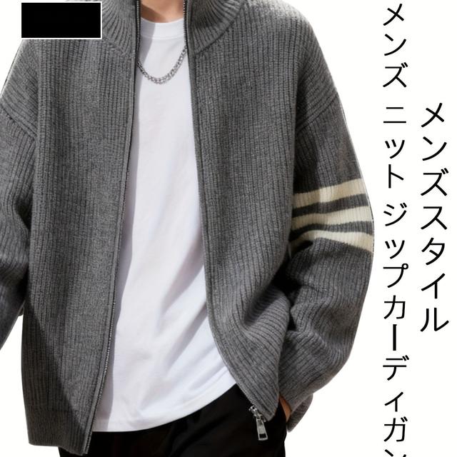 TEMU 【メンズ】和風ニットカーディガン - スフィット スタンドカラー フロント、グレー＆ブラック 無地、春/秋向け 軽量保温、カジュアル アウトドア＆デートに、男の子＆ティーン向け 万能レイヤリング (ストレッチなしニット生地)