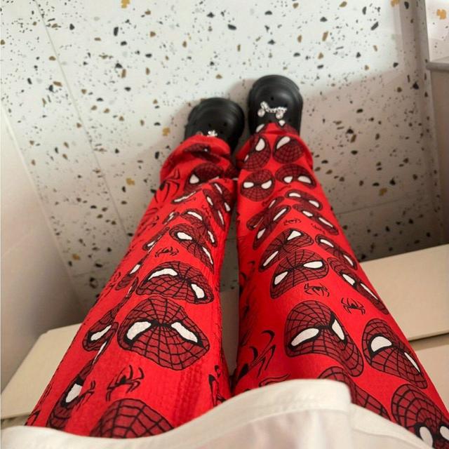 TEMU Women's Officially Licensed Spider- Cartoon Print Sleep Pants - Red & Design, Lightweight Breathable Pants For Home, Casual Wear & Comic Fans, Fan Merchandise, Comfortable Sleepwear