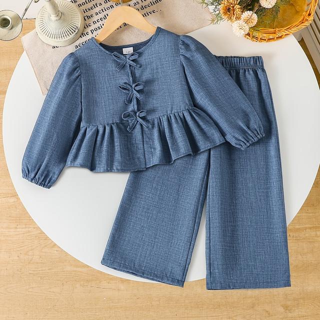 TEMU Meisjes Shirt Co-Ords 2- Meisjes Strik Lange Mouwen Top en Broek Set, Peplum Ruffle Outfit, Herfst Winter Kleding Y300128, Perfect voor Buiten