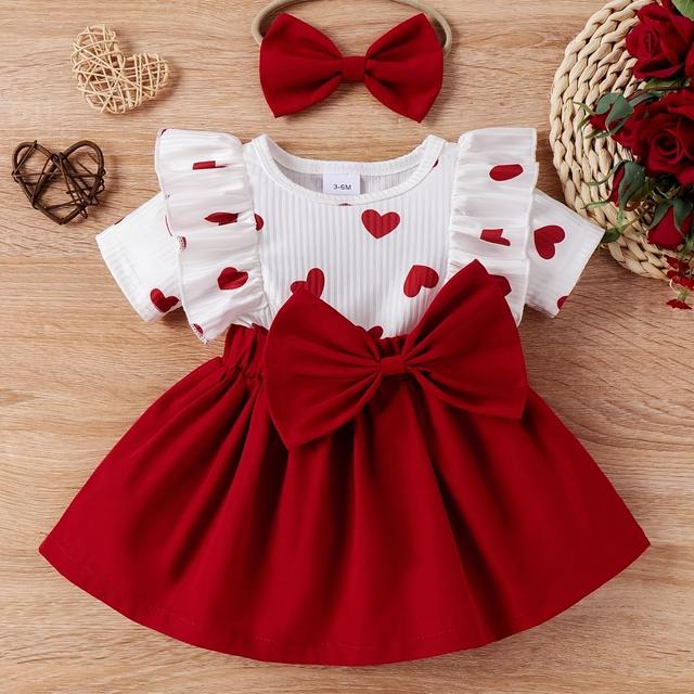 TEMU 2pcs Girls' Romantic Heart Print Ruffle Bow Fashion Dress Set With Headband For Summer