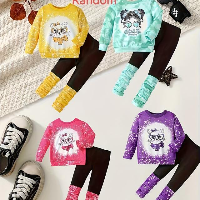 TEMU 4 KLEUREN Willekeurig 1 set Kattenprint Sweatshirt en Color Block Laagjes Meisjes Casual Kleding. Lente/Herfst, Perfect voor Buiten