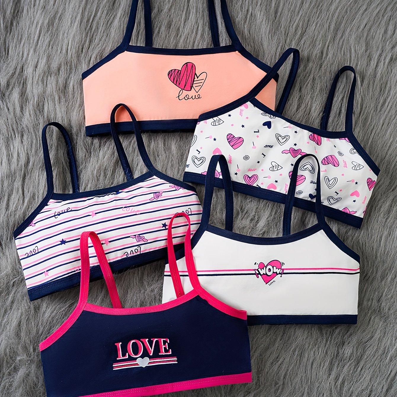 TEMU A Set Of 5 Girls' Underwear, Featuring Comfortable And Stylish , With Heart-shaped Print Contrasting Tops.