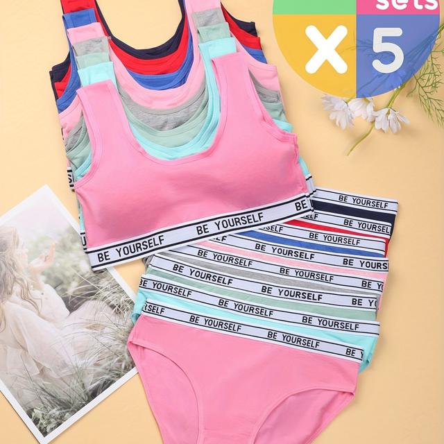 TEMU 5 Sets Of A Pack Of Cotton Girls Triangle Pants Bra Set 5 Colors Simple Cheap Temperament Girls Underwear For 10-12 Years Old