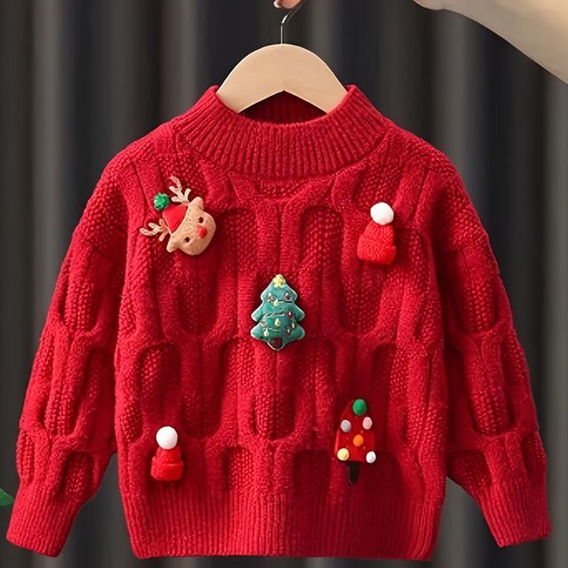 TEMU New Korean-style Sweater For Girls, Fashionable Autumn And Winter Clothing, Christmas-themed Knitted Base Layer For Girls