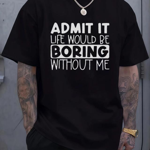 TEMU Casual Short Sleeve Print T Shirt- Boring Tees For Men For Summer