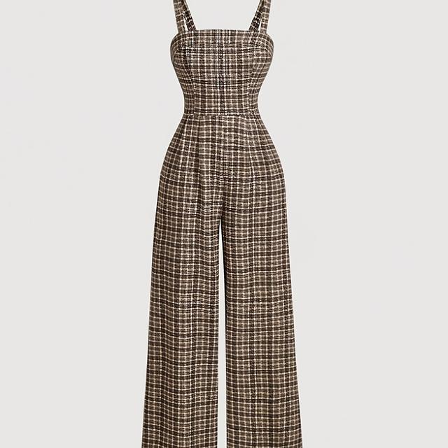 TEMU 1pc Damen Karo Jumpsuit, Ärmellose Gestrickte Polyester Vlies, Verstellbare Träger Jumpsuit für alle Jahreszeiten