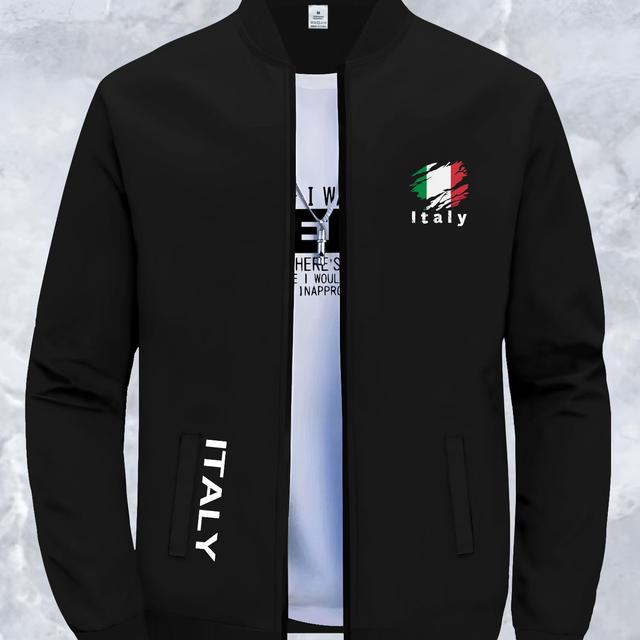 TEMU Italy Print Men's Fashion Casual Stand Collar Jacket, Polyester Knit Fabric, Skinny Fit, Zipper Closure, Slight Stretch, With Pockets For Fall/winter