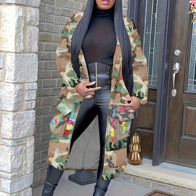 TEMU Jacke mit Camouflage-Muster und offener Vorderseite, lässige Jacke mit Ärmeln und Pattentaschen, Longline-Jacke für Frühling und Herbst, Damenbekleidung