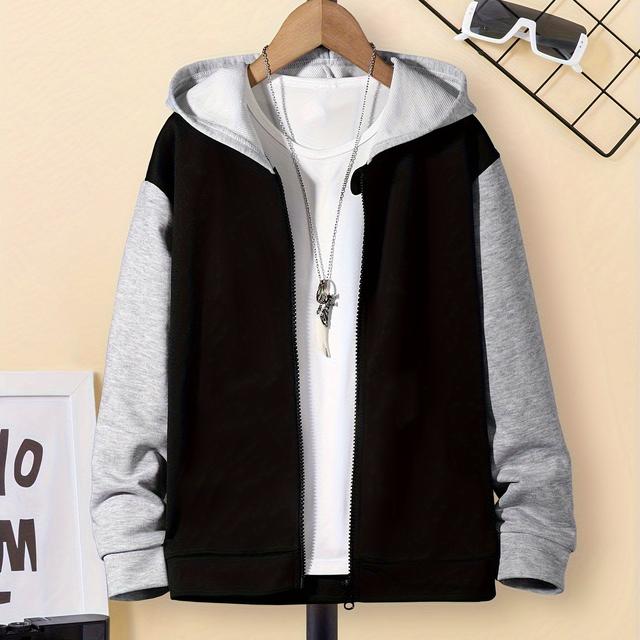 TEMU Boys' Hooded Sweatshirt Jacket For Spring And Autumn, Featuring A Color-, Suitable For Older Children, Comfortable And Versatile For Casual
