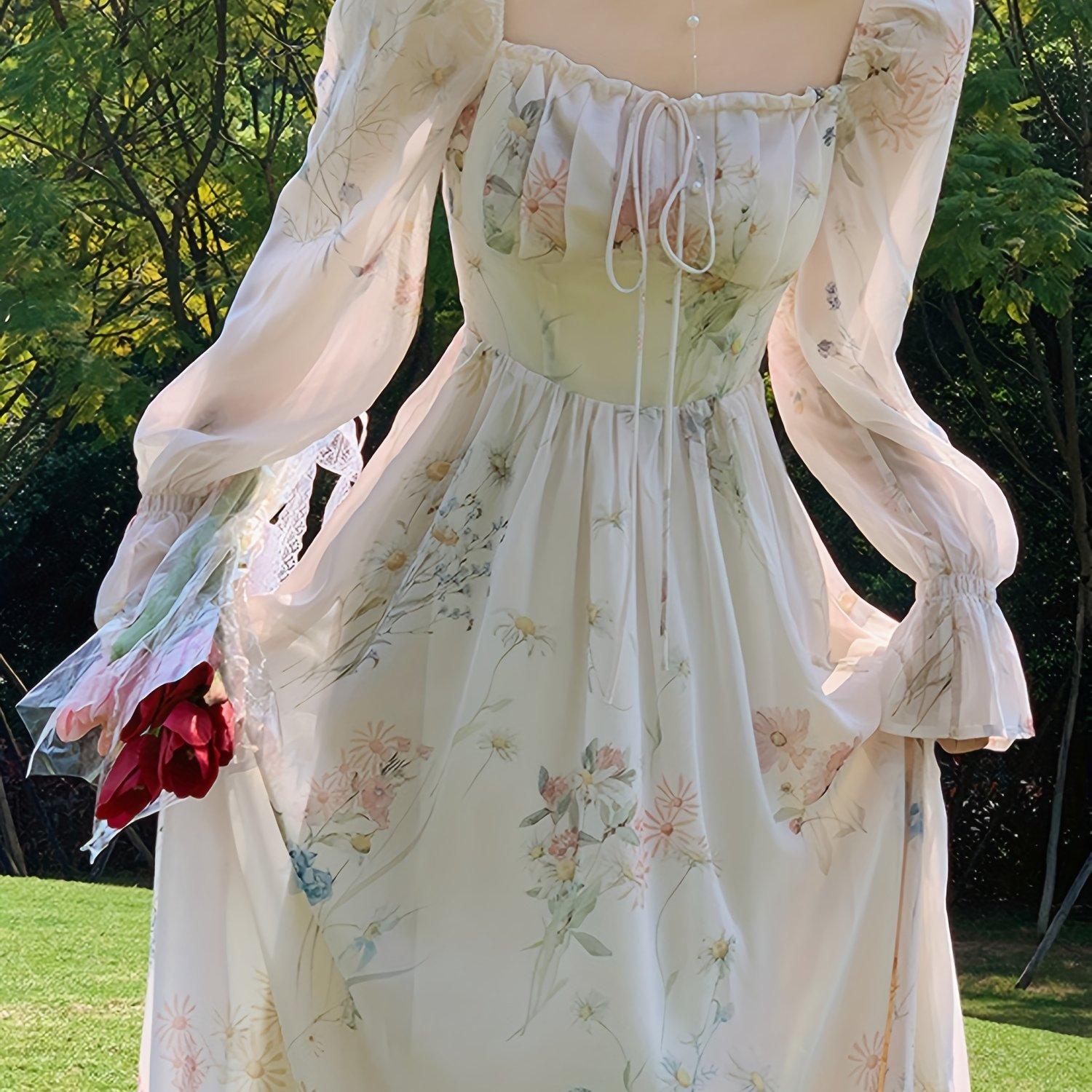 TEMU Printed Floral Elegant Women's Summer Dress, Spring/summer Ladies' Vacation Wear, High-end Temperament Elegant Dress, Designer Clothing, Waist-cinching Fairy Midi High-quality Dress