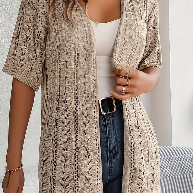 TEMU Cardigan Élégant et Polyvalent à Manches Courtes et Découpes, Style Européen et Américain, Couleur Unie, Taille Grande, Printemps/Été pour Femmes