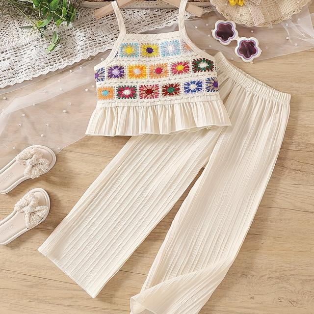 TEMU Tenue de sport, Ramadan, pour filles, motif géométrique, détail à volants, coupe régulière, col rond, tissu non extensible, vêtements d'été, pour l'extérieur