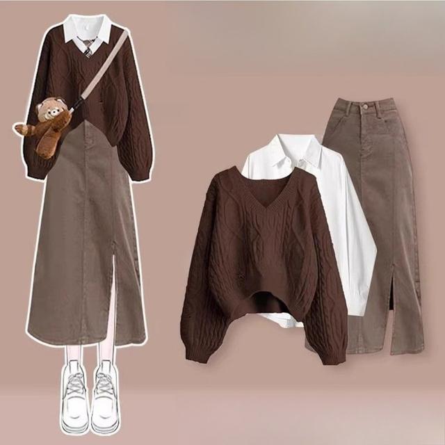 TEMU 秋の韓国 女性用 若返りVネックセーター インナーシャツ スリットデニムハーフスカート