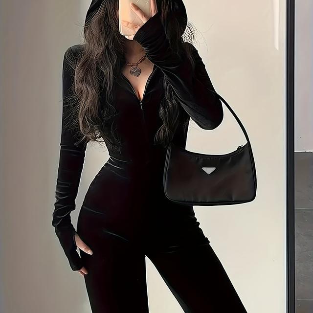 TEMU Casual Long-sleeve -lined Zip-up Jumpsuit, Casual Hooded Flared Pants, Women's Clothing