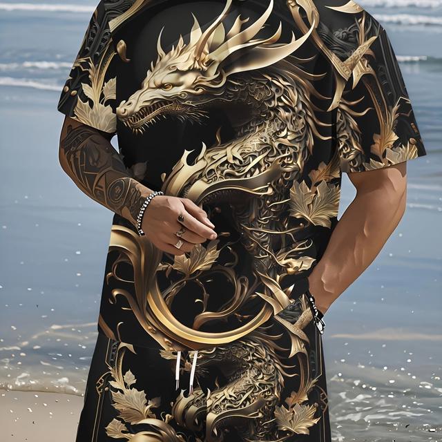 TEMU Men's 3d Dragon Print Short Sleeve Shirt & Pants Set - Black With Design, Casual Sporty Style, Polyester Fabric, Regular Fit, Casual Sportswear|casual Sportswear|polyester Fabric, Plus Size
