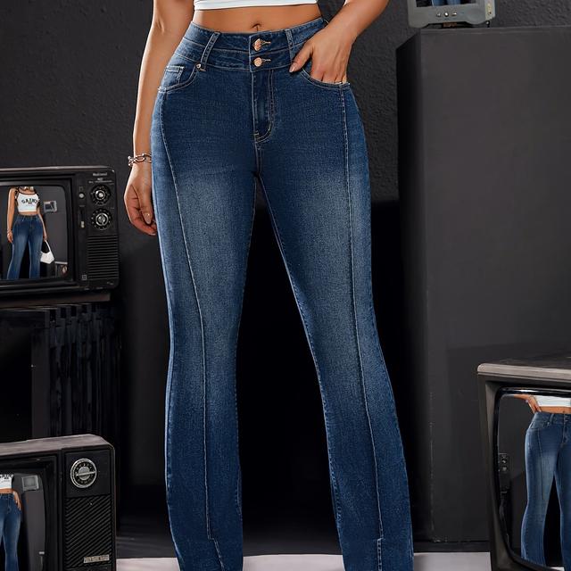 TEMU Women's High-stretch Bootcut Jeans With Double Button Closure - Casual Denim Flare Pants, Machine Washable