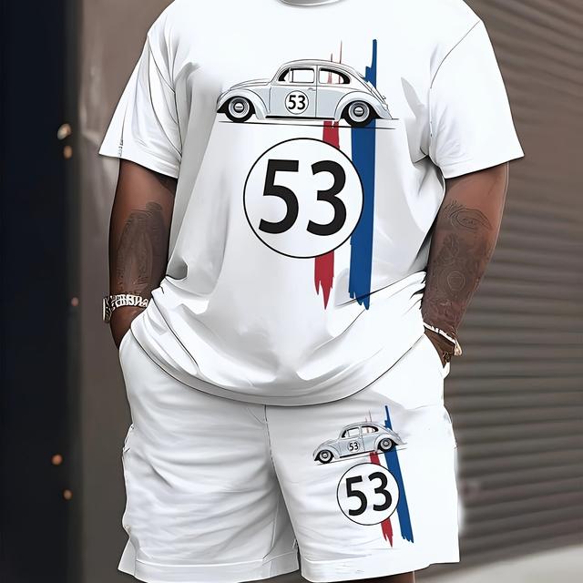 TEMU Men' '53' Graphic T-shirt And Shorts Set - White, Accents, Casual Sportswear, Polyester/spandex/ppr, Crew Neck, Regular Fit, Plus Size