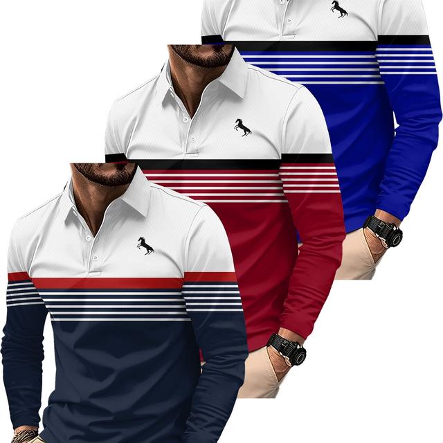 TEMU 3pcs Set - Men's Long-sleeved Shirt - Color-block Theme Collar Shirt - 3d - Daily Striped Pattern - Suitable For All Adult Men And Teenage Boys
