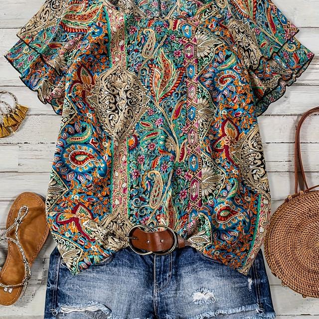 TEMU Plus Size - Plus Size Women's Summer Elegant Paisley Print Double-layer Short Sleeve Blouse - Round Neck Lightweight Machine-washable Top For Casual & Semi-formal Outfits