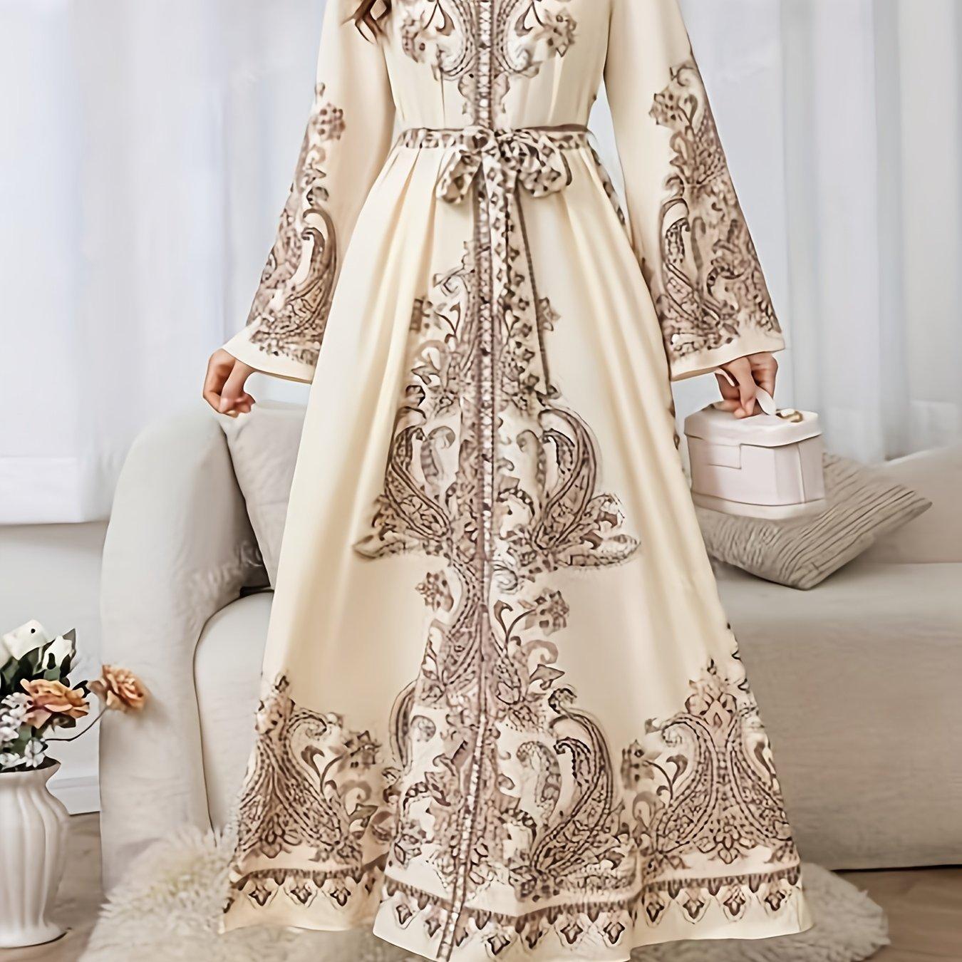 TEMU Vestido Abaya de Manga Larga con Estampado Paisley en el Medio para Mujer, Cinturón Ajustable y Tela Lavable a Máquina - para Todas