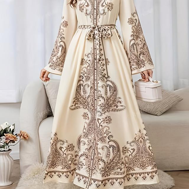 TEMU Vestido Abaya de Manga Larga con Estampado Paisley en el Medio para Mujer, Cinturón Ajustable y Tela Lavable a Máquina - para Todas