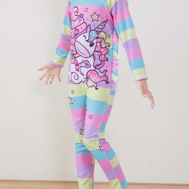 TEMU Kids Girls Rash Guard Swimsuit Jumpsuits Cartoon Print Zipper Long Sleeve Sun Protection Bathing Suit With Swim