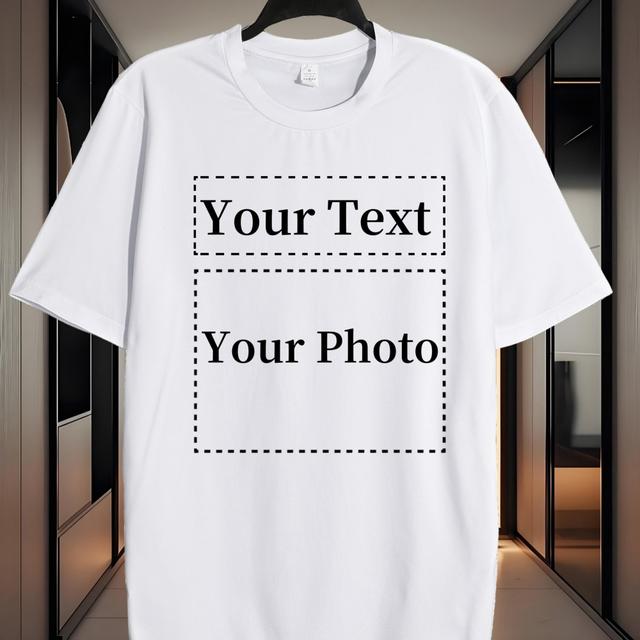 TEMU Customizable Plus Size T-shirt - Personalized Text & Photo, White , Casual Crew Neck, Machine Washable, Ideal For Team Building & Events, Plus Size T Shirts, Plus Size