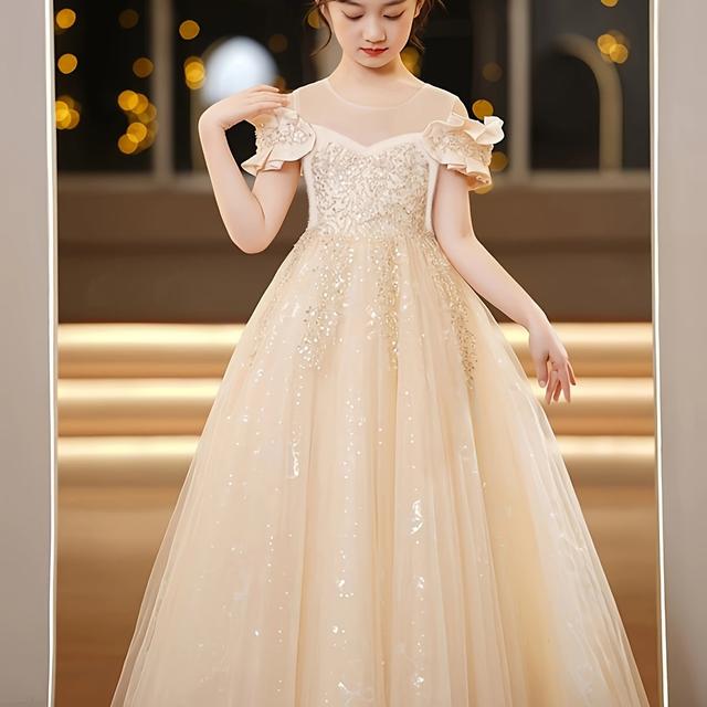 TEMU Children's Princess Dress Gown -border Children's Wear Flower Girl Host Performance Girl Puffy Tulle Dress Girls' Dress
