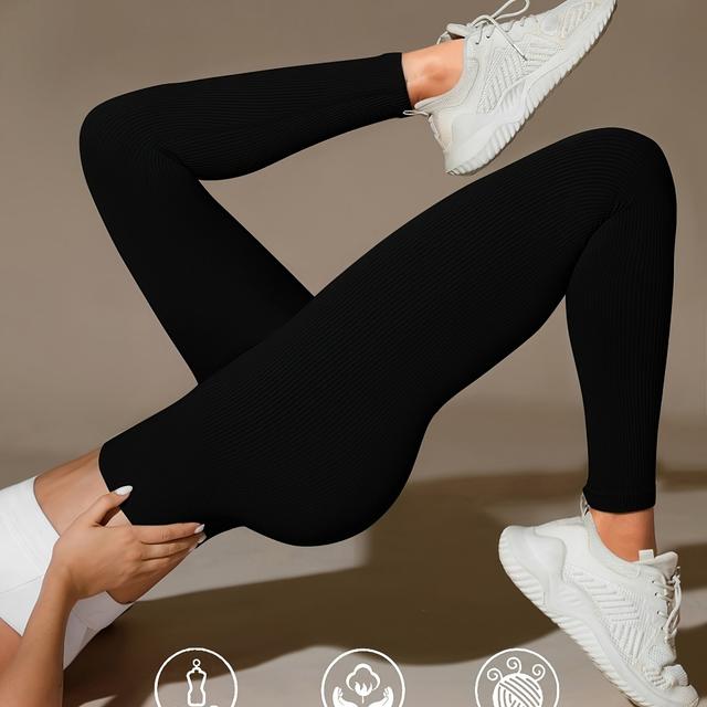 TEMU Stitching Solid Color Wide Waist Sports Yoga Leggings, Breathable And Comfortable Hip-lifting Abdomen Control Soft Ribbed Sports Motorcycle Pants, Women's Sportswear