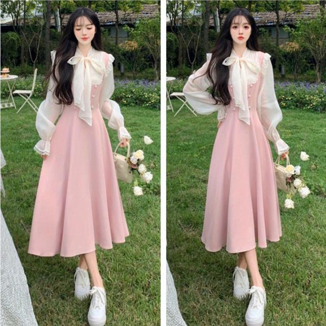 TEMU プラスサイズ、ラージサイズ レディース服 春秋用 甘口 長袖ドレス Mサイズウエスト フェイクツーピースロングスカート カジュアルウェア 秋のドレス 女性らしいデザイン トスタイル ストレッチ素材 快適な生地 Vネックドレス ファッション愛好家 プラスサイズ女性向け