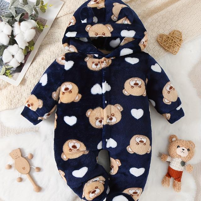 TEMU بدلة رومبر بغطاء رأس من الفرو من SHIXUANBAOBEI مع طباعة دب وقلب - زي شتوي دافئ قطعة واحدة، إغلاق بالضغط، بدلة دافئة بأقدام، قابلة للغسل في الغسالة (0-24 شهرًا)، مثالية للاستخدام الخارجي