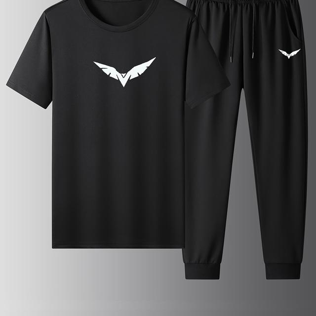 TEMU 2pcs Men's Wing Printed Short Sleeve T-shirt & Pockets Trousers Pajama Set, Round Neck Graphic Tee Shirt Long Pants, Black New Casual Men's Loungewear Set For Spring Summer