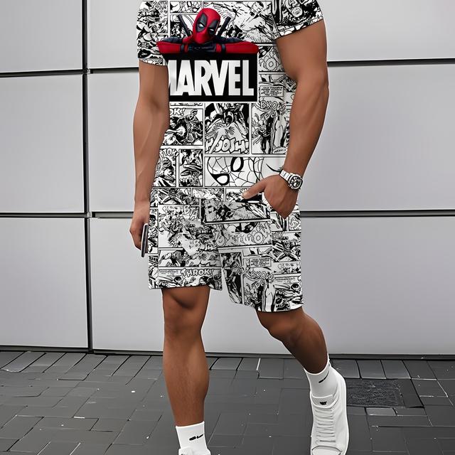 TEMU مجموعة رياضية كاجوال للرجال من أفيانجرز 3D Print - قماش بوليستر محبوك جيد التهوية، تي شيرت قصير الأكمام مع شورت، مقاس عادي لجميع فصول السنة