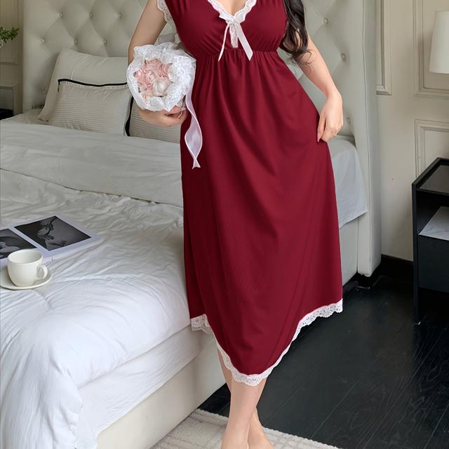 TEMU Women's Elegant Solid Color Lace-trimmed V-neck Sleeveless Nightgown