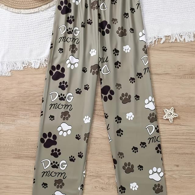 TEMU Comfy Women's 'dog Mom' Paw Print Sleepwear Pants - Casual & Cozy Polyester Blend Lounge Bottoms With Elastic Waistband, Machine Washable, Pajama Pants