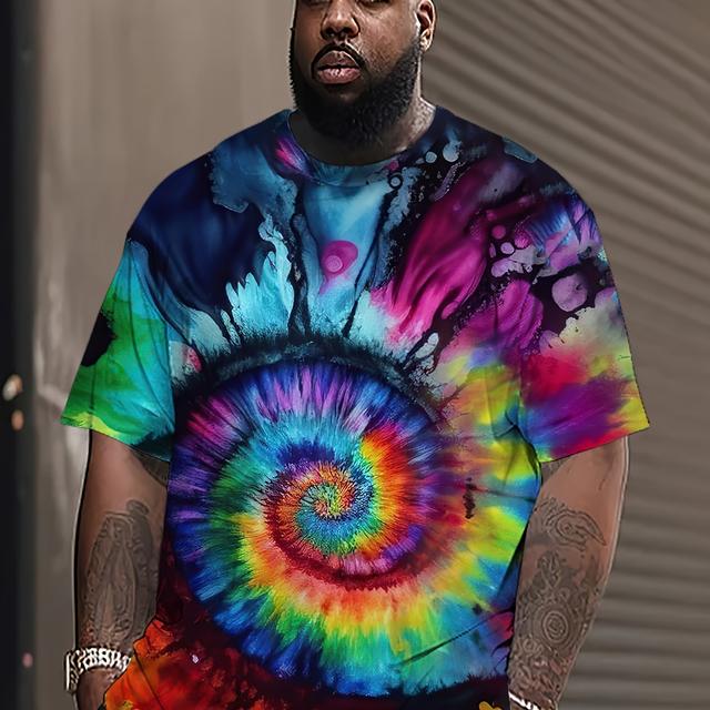 TEMU Plus Size Tie-dye T-shirt For Men | Hxmrby Pattern | Casual Crew Neck | Polyester 95%, 5% | Slight Knit | Regular Fit Tops | Print | Summer Outdoor