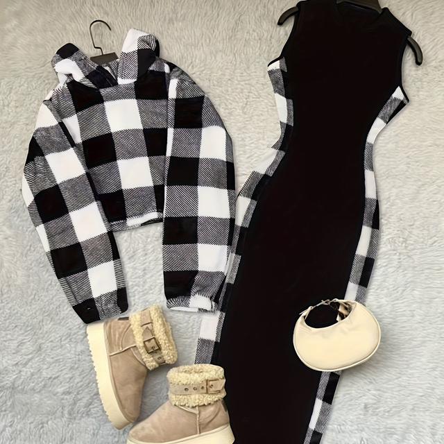 TEMU Conjunto de 2 piezas para mujer Y2K Casual : Top corto con capucha de felpa a cuadros y manga larga, y vestido sin a cuadros con parches negros