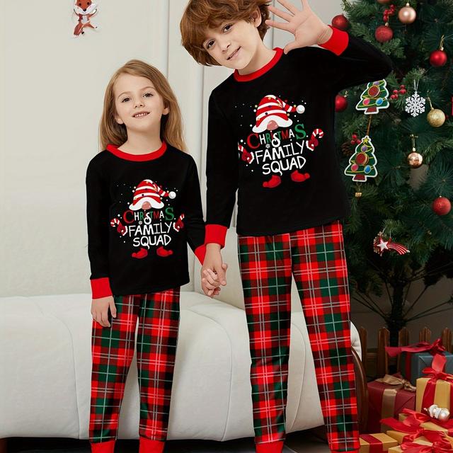 TEMU Flame Retardant Fabric Holiday Set, Autumn Winter Cartoon Print Parent-child Christmas Outfit With Long Pants And Round Neck For Border New Arrival Plaid Hat Two-piece Sleepwear