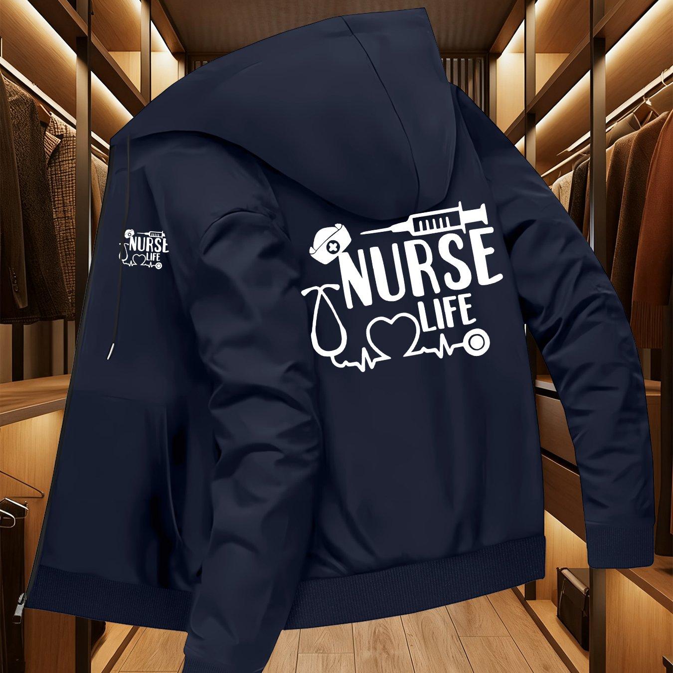 TEMU Chaqueta con capucha para hombre con logo de enfermera, chaqueta de béisbol de negocios con cuello Top , chaqueta con capucha