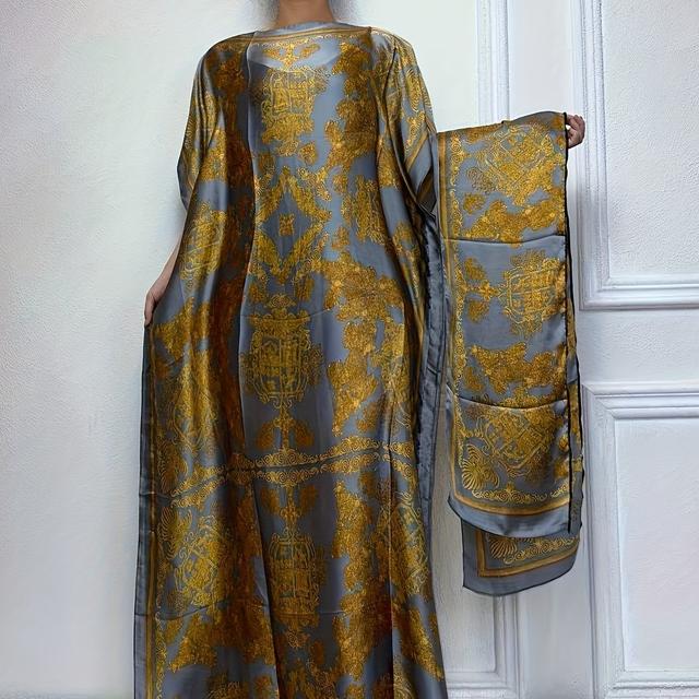 TEMU Women's Lightweight Polyester Abaya Dress With Scarf - Golden Floral Print Batwing Sleeve Loose Fit Maxi Dress, Middle Eastern-inspired Spring Summer Fall Casual To Formal Wear