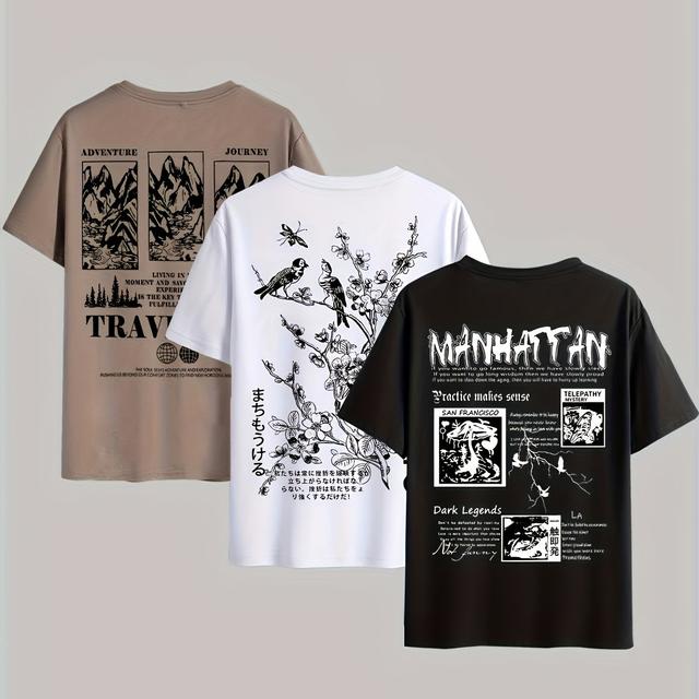 TEMU 남성용 그래픽 티셔츠 3종 세트 - "", 가볍고 편안한 라운드넥 반팔 디자인으로 여름 야외 활동에 적합하며 가족을 위한 좋은 선물입니다."