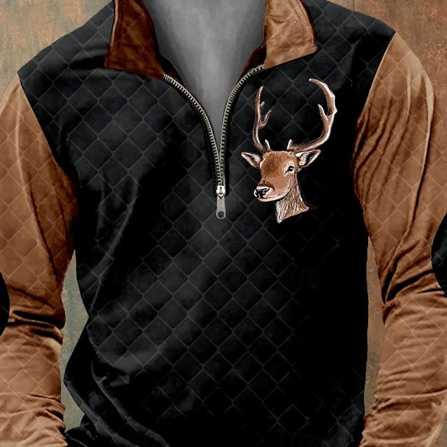 TEMU Hot! Men's Casual Retro Long Sleeve Half-zip Shirt With 3d Deer Head Print, Thick Fabric For A Unique Fashionable And . A Must-have Item For Autumn/winter Outfits - Perfect Golf Or Party Top