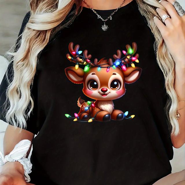TEMU Women's Plus Size Christmas Reindeer T-shirt, Casual Round Neck Short Sleeve Tee, Stretchy Polyester Fabric, Regular Length, Geometric Pattern, Spring/summer Fashion Top