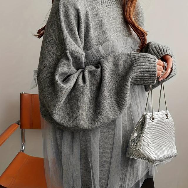 TEMU ニット レディース トップス 長袖 クルーネック 丸首 ゆったり 秋冬 チュール 透け感 チュールニットプルオーバー