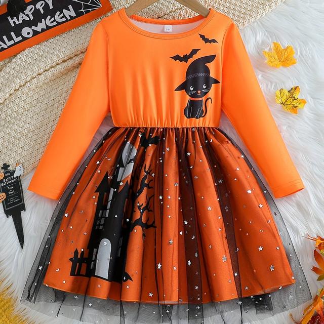 TEMU Girls' Halloween Orange Dress With Black Mesh Overlay - Long Sleeve, Knee-length With Hat & Haunted House Design, Perfect For & Performances